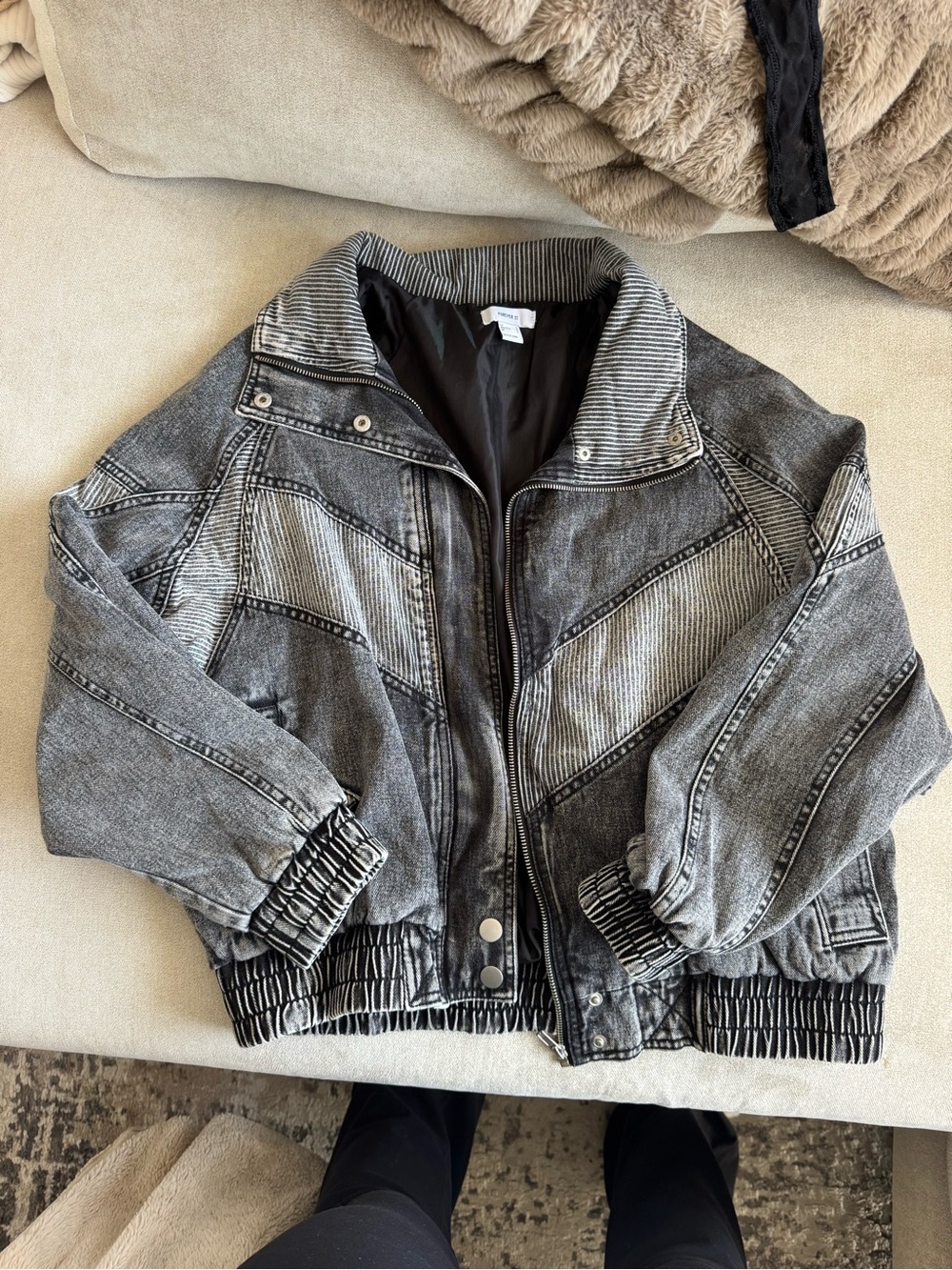 Forever 21 Black and Gray Striped Denim Jacket
